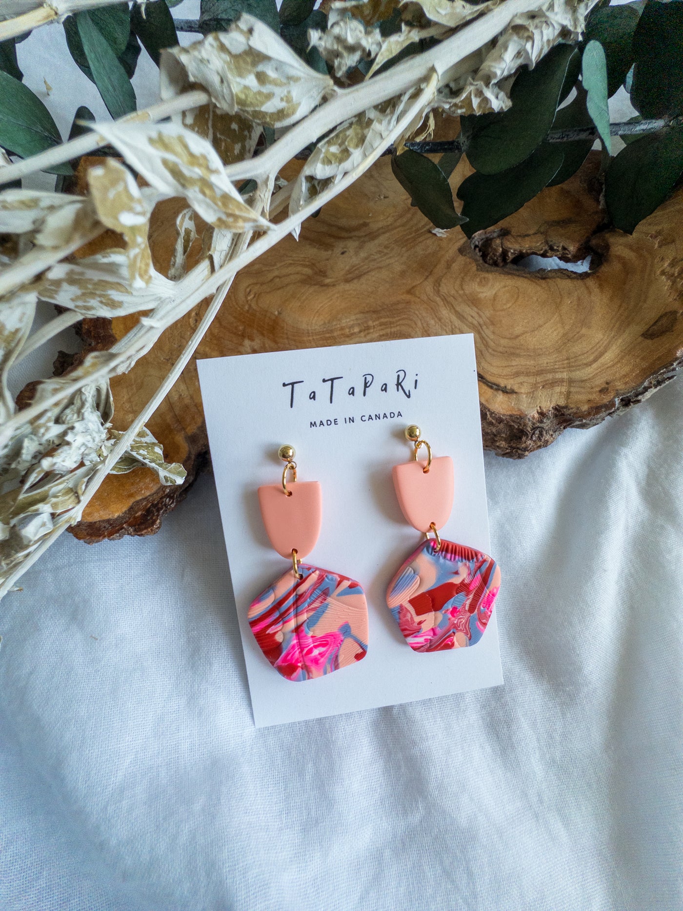 Textured peach and pink clay dangles